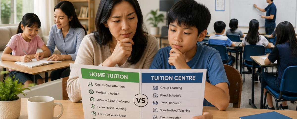 Parent comparing home tuition and tuition centre options for their child in Malaysia`